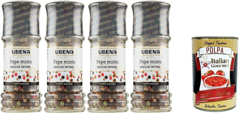 Italian Gourmet Pfeffer UBENA, Gemischte Pfefferbeeren, Ideal zum Würzen von Suppen und Braten, Obst und Desserts, 4x42 gr Mahlkappenformat, + Italian Gourmet polpa 400g 8032804040014