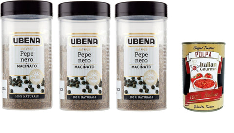 Italian Gourmet Pfeffer UBENA, Pepe Nero Macinato Gemahlener Schwarzer Pfeffer, Geeignet für süße und herzhafte Gerichte, Kalte und Warme Zubereitungen, 3x95gr+ Italian Gourmet polpa 400g 8032804040014