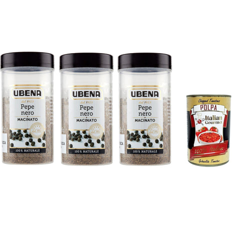 UBENA Pepe Nero Macinato Gemahlener Schwarzer Pfeffer, Geeignet für süße und herzhafte Gerichte, Kalte und Warme Zubereitungen, 3x95gr Original italienisch inkl. Italian Gourmet Polpa 400g
