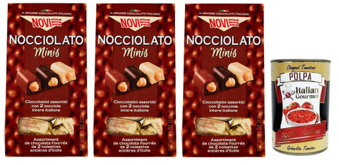 Italian Gourmet Praline 3x Novi Nocciolato Minis,Gianduja-Schokolade, extra dunkle Schokolade und weiße Schokolade mit zwei ganzen Haselnüssen,130g Beutel + Italian Gourmet Polpa di Pomodoro 400g Dose 8006380236246