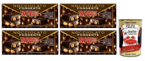 Italian Gourmet Praline 4x Novi Nocciolato Fondente con Nocciole Intere,Tafel Extra Dunkle Schokolade mit ganzen Haselnüssen 130g + Italian Gourmet Polpa di Pomodoro 400g Dose 8006380217139