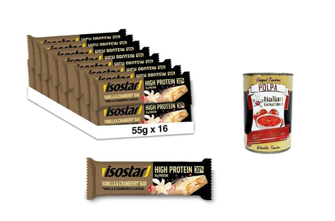 Italian Gourmet Proteinriegel Isostad Barretta Hig Protein 30% Vaniglia Mirtilli Rossi Riegel mit hohem Proteingehalt, 30 % Vanille-Cranberries 16x 55gr + Italian Gourmet polpa 400g 8032804040014