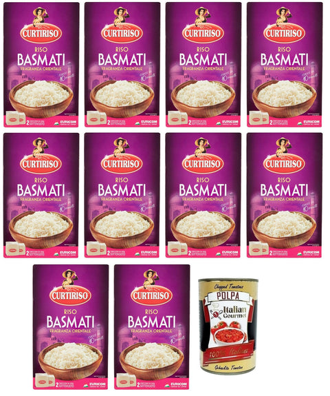Italian Gourmet Reis 10x Curtiriso Riso Basmati,Orientalischer Duft,Ideal für Gerichte mit Fleisch, Fisch und Gemüse,Kochzeit 10 Minuten,Packung mit 1Kg + Italian Gourmet Polpa di Pomodoro 400g Dose 8017759070330