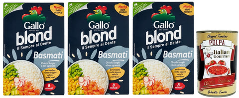 Italian Gourmet Reis 3x Gallo Riso Blond Basmati,Kochzeit 8 Minuten,Reis Ideal für Salate, Leichte Rezepte und Poke? Bowl,Packung mit 500g + Italian Gourmet Polpa di Pomodoro 400g Dose 8001420011227
