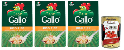 Italian Gourmet Reis 3x Gran Gallo Riso Ribe,100% Italienischer Reis, ideal für jede Art von Rezept,Kochzeit 15 Minuten,Packung mit 500g + Italian Gourmet Polpa di Pomodoro 400g Dose 8001420002126