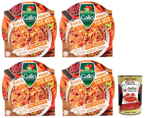 Italian Gourmet Reis 4x Gallo Bontà Pronte Tex-Mex Riso Basmati,Vorgekochte Zubereitung auf Basis von braunem Basmatireis, Paprika, Bohnen, Hühnchen und Chorizo,220g + Italian Gourmet Polpa di Pomodoro 400g Dose 8001420011333