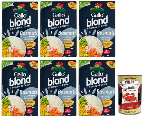 Italian Gourmet Reis 6x Gallo Riso Blond Basmati,Kochzeit 8 Minuten,Reis Ideal für Salate, Leichte Rezepte und Poke? Bowl,Packung mit 500g + Italian Gourmet Polpa di Pomodoro 400g Dose 8001420011227