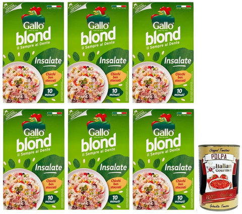 Italian Gourmet Reis 6x Gallo Riso Blond Insalate,100% Italienischer Reis,Kochzeit 10 Minuten,Ideal für Salate,Packung mit 1Kg + Italian Gourmet Polpa di Pomodoro 400g Dose 8001420003697