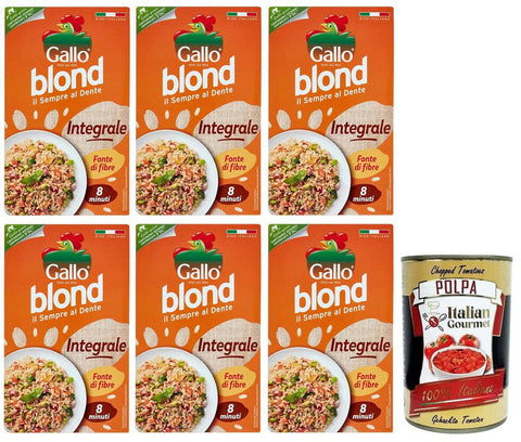 Italian Gourmet Reis 6x Gallo Riso Blond Integrale,100% Italienischer Reis,Ballaststoffquelle,Vollkorn Reis Kochzeit 8 Minuten,Packung mit 1Kg + Italian Gourmet Polpa di Pomodoro 400g Dose 8001420000788