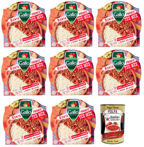 Italian Gourmet Reis 8x Riso Gallo Bontà Pronte Tex-Mex Chili con Carne,Vorgekochte Zubereitung auf Basis von Parboiled-Reis, Bohnen, Fleisch und Paprika 220g + Italian Gourmet Polpa di Pomodoro 400g Dose 8001420011340