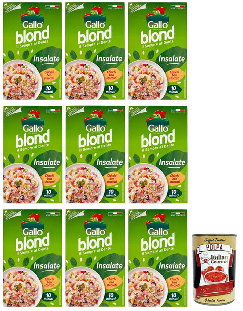 Italian Gourmet Reis 9x Gallo Riso Blond Insalate,100% Italienischer Reis,Kochzeit 10 Minuten,Ideal für Salate,Packung mit 1Kg + Italian Gourmet Polpa di Pomodoro 400g Dose 8001420003697