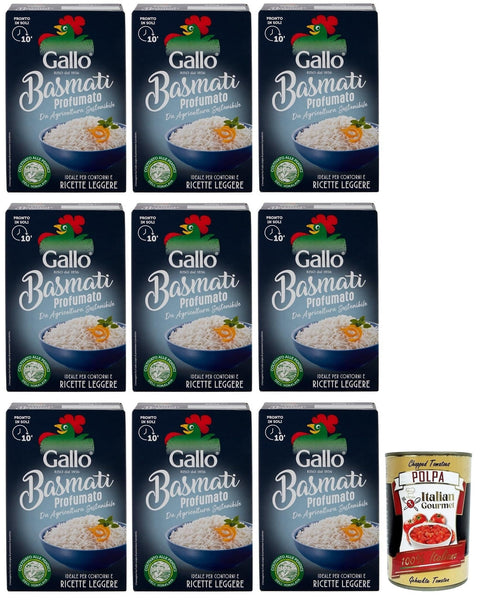 Italian Gourmet Reis 9x Riso Gallo Basmati Profumato,Reis aus nachhaltiger Landwirtschaft,Kochzeit 10 Minuten,Ideal für Beilagen und leichte Rezepte,500g + Italian Gourmet Polpa di Pomodoro 400g Dose 8001420010848