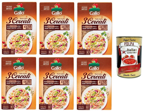 Italian Gourmet Reis Riso Gallo- 3 Cereali. Riso integrale,avena e Grano senatore Cappelli 3 Getreide. Brauner Reis, Hafer und Senatore Cappelli-Weizen 6x 400gr + Italian Gourmet Polpa di Pomodoro 400g 8001420011289