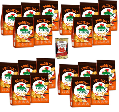 Italian Gourmet Reisgerichte Gallo’s Protein Chips di Riso Integrale e Lenticchie al Gusto Hot Spicy, Gallo's Proteinchips aus braunem Reis und Linsen mit scharf-würzigem Geschmack,20x40g+ Italian Gourmet Polpa di Pomodoro 400g 8032804040014