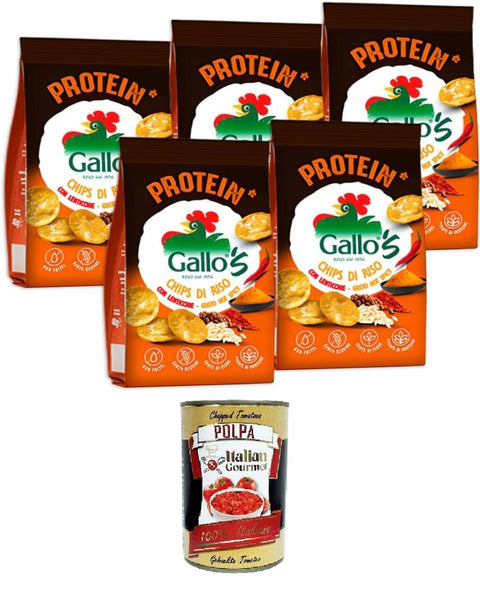 Italian Gourmet Reisgerichte Gallo’s Protein Chips di Riso Integrale e Lenticchie al Gusto Hot Spicy, Gallo's Proteinchips aus braunem Reis und Linsen mit scharf-würzigem Geschmack,5x40g+ Italian Gourmet Polpa di Pomodoro 400g 8032804040014