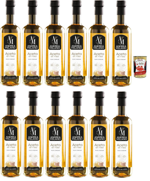 Italian Gourmet Reiskleie Andrea Milano, Aceto di Riso, Reisessig, Ideales Gewürz für Sushi und Marinade, es passt perfekt zu Fisch und Gemüsegerichten, Säure 5%, 12x 500 ml + Italian Gourmet polpa 400g 8032804040014