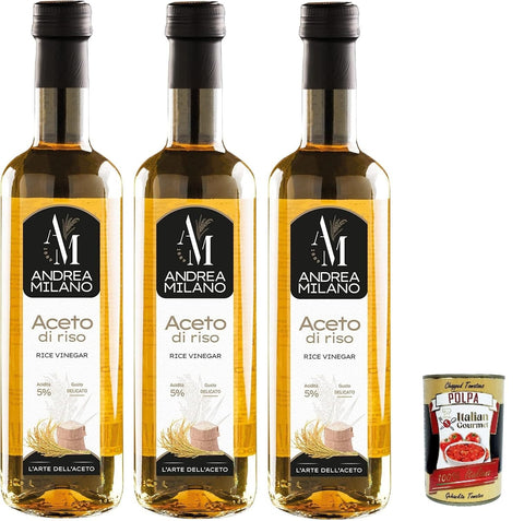 Italian Gourmet Reiskleie Andrea Milano, Aceto di Riso, Reisessig, Ideales Gewürz für Sushi und Marinade, es passt perfekt zu Fisch und Gemüsegerichten, Säure 5%, 3x 500 ml + Italian Gourmet polpa 400g 8032804040014