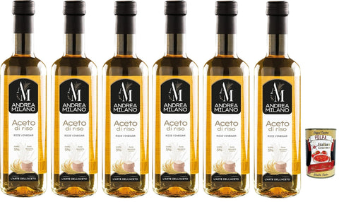 Italian Gourmet Reiskleie Andrea Milano, Aceto di Riso, Reisessig, Ideales Gewürz für Sushi und Marinade, es passt perfekt zu Fisch und Gemüsegerichten, Säure 5%, 6x 500 ml + Italian Gourmet polpa 400g 8032804040014