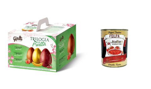 Italian Gourmet Riegel Il Galeone Trilogia di Frutta Fruchttrilogie, Drei Eier aus reiner weißer Schokolade in den Geschmacksrichtungen Pfirsich, Banane und Kirsche 540 g (180 g x 3)+ Italian Gourmet polpa 400g 8032804040014