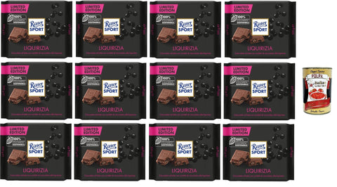 Italian Gourmet Riegel Liquirizia, Limitierte Ausgabe, Milchschokolade mit Lakritzstückchen, 100% nachhaltiger Kakao, 12 Packungen 100gr + Italian Gourmet polpa 400g 8032804040014