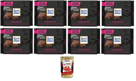Italian Gourmet Riegel Liquirizia, Limitierte Ausgabe, Milchschokolade mit Lakritzstückchen, 100% nachhaltiger Kakao, 8 Packungen 100gr + Italian Gourmet polpa 400g 8032804040014