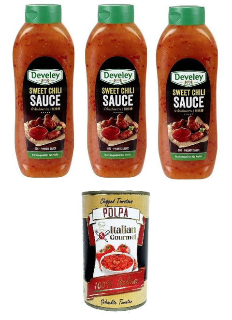 Italian Gourmet Salsas Süße Chili-Sauce, scharfe Chili-Pfeffer-Sauce, 3 x 875 ml + Italian Gourmet polpa 400g 8032804040014