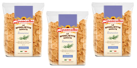 Italian Gourmet Salzgebäck 3x Panealba Le Sfogliette Dorate al Rosmarino Gebackener Snack mit Salzkorn und Rosmarin 180g Packung 8002333018877