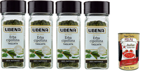 Italian Gourmet Schnittlauch UBENA, Erba Cipollina Tagliata,Gehackter Schnittlauch, Ideal zum Würzen von Soßen, Salaten, Fisch und Suppen. Format 4x 6g-Glas + Italian Gourmet polpa 400g 8032804040014