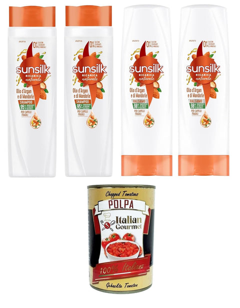 Italian Gourmet Shampoo & Conditioner Sets Sunsilk, Argan- und Mandelöl-Shampoo&Conditioner, für brüchiges und geschädigtes Haar, mit Arganöl und Bio-Mandelöl,2x250ml 2x 200 ml+ Italian Gourmet polpa 400g 8032804040014