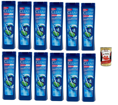 Clear Extra Freschezza 24H Men Shampoo für alle Haar- und Kopfhauttypen - Extra Frische Shampoo Top -Produkt 12x225 ml italienisch Original + gratis polpa 400 g