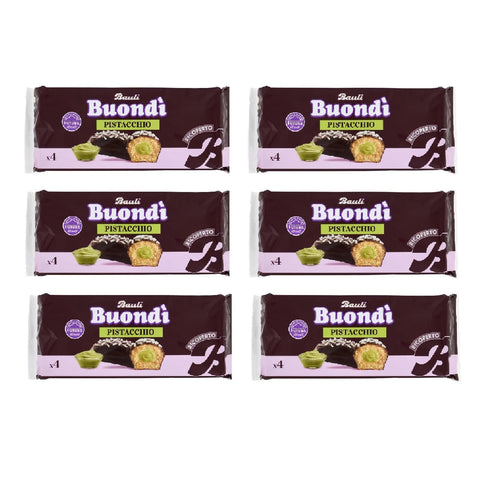 Italian Gourmet Snack Kuchen 6x Bauli Buondì Pistazie – Mit Schokoladenglasur 184gr(4 x 46g) | Weiches Hefegebäck mit Pistaziencreme & Zuckerdekor