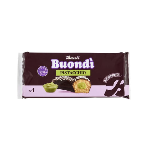 Italian Gourmet Snack Kuchen 9x Bauli Buondì Pistazie – Mit Schokoladenglasur 184gr(4 x 46g) | Weiches Hefegebäck mit Pistaziencreme & Zuckerdekor