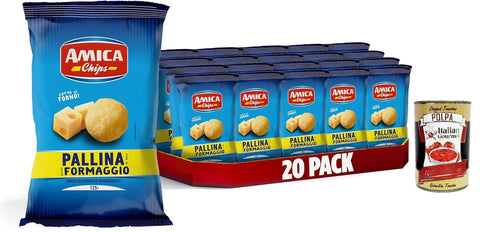 Italian Gourmet Snack Kuchen & Backwaren AMICA Chips | Patatine Pallina al Gusto Formaggio, Pallina -Käse -Bälle -Chips, gebackene Mais -Snacks, monosodisches Glutamat ohne Sonnenblumenöl, 20 x 125 g + Italian Gourmet polpa 400g 8032804040014