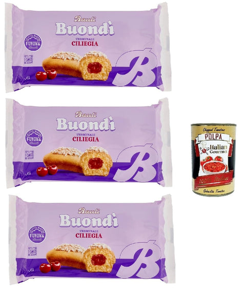 Bauli Buondì Ciliegia, gebackener Kuchen snack mit Kirsche creme abgepackte Snacks 3x 258 g Frühstück italienisch Original