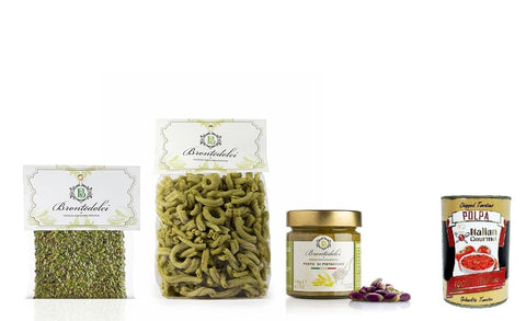 Italian Gourmet Snack Kuchen & Backwaren Brontedolci, Box pasta al pistacchio, Mit Handwerkspistazien -Pasta Casarecce, Pistazienpesto und Pistazienkörnern + Italian Gourmet polpa 400g 8032804040014