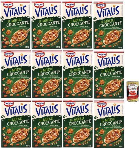 Italian Gourmet Snack Kuchen & Backwaren Cameo Vitalis Muesli Croccante Frutta Secca, Müsli knusprige getrocknete Früchte mit Ganzhöfenflocken Hafer Mandeln Anacardi Haselnüsse und Pekannusswalnüsse, 12x 310 g + Italian Gourmet polpa 400g 8032804040014