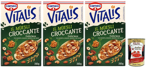 Italian Gourmet Snack Kuchen & Backwaren Cameo Vitalis Muesli Croccante Frutta Secca, Müsli knusprige getrocknete Früchte mit Ganzhöfenflocken Hafer Mandeln Anacardi Haselnüsse und Pekannusswalnüsse, 3x 310 g + Italian Gourmet polpa 400g 8032804040014