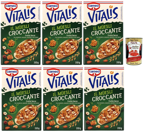 Italian Gourmet Snack Kuchen & Backwaren Cameo Vitalis Muesli Croccante Frutta Secca, Müsli knusprige getrocknete Früchte mit Ganzhöfenflocken Hafer Mandeln Anacardi Haselnüsse und Pekannusswalnüsse, 6x 310 g + Italian Gourmet polpa 400g 8032804040014