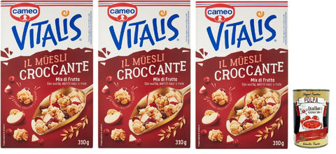 Italian Gourmet Snack Kuchen & Backwaren Cameo Vitalis Muesli Croccante Mix di Frutta , Müsli knusprige Mischung aus Früchten mit Blaubeer -Rosinen und Äpfeln, 3x 310 g + Italian Gourmet polpa 400g 8032804040014