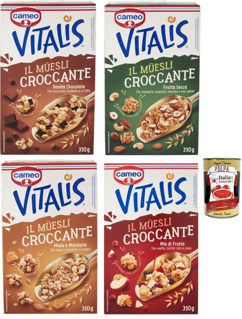 Italian Gourmet Snack Kuchen & Backwaren Cameo Vitalis Muesli Croccante Testpaket, Müsli knusprige mit ganzen Haferflocken , 4x 310 g + Italian Gourmet polpa 400g 8032804040014