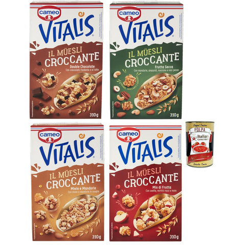 Cameo Vitalis Muesli Croccante Testpaket, Müsli knusprige mit ganzen Haferflocken, 4x310 g italienisch Original + kostenlos polpa 400 g