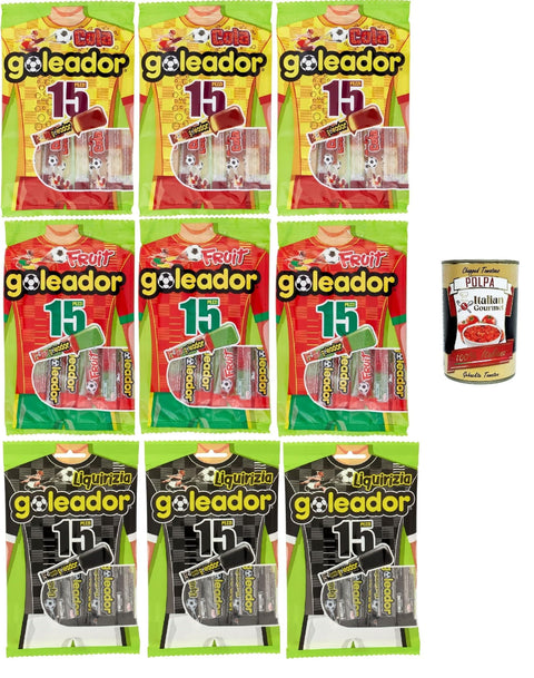 Italian Gourmet Snack Kuchen & Backwaren Goleador Testpaket, Süßholz, Fruscht und Cola Doppel Süßigkeit, gummiary Cola -Geschmack, 9x 120g, Süßigkeiten, die einzeln singen + Italian Gourmet polpa 400g 8032804040014