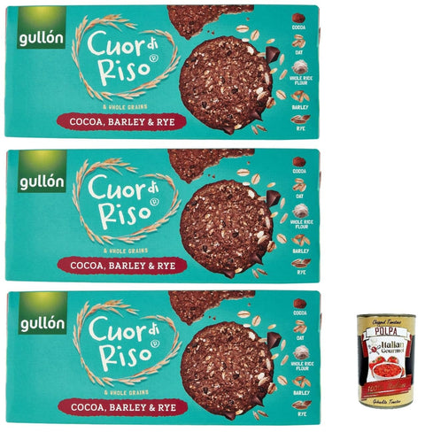 Italian Gourmet Snack Kuchen & Backwaren Gullón Cuor di Riso e Cereali Integrali Cacao, Orzo & Segale, kekse mit Kakao, Gerste und Roggen 3x 250 g + Italian Gourmet polpa 400g 8032804040014