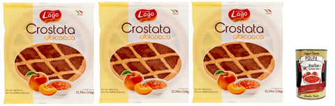 Italian Gourmet Snack Kuchen & Backwaren Lago 1968, Crostata albicocca, Flowpack, Törtchen, kuchen mit Aprikosenmarmelade, Merkstufegebäck, italienischem snack Produkt ohne Palmöl 3x 350 g + Italian Gourmet polpa 400g 8032804040014