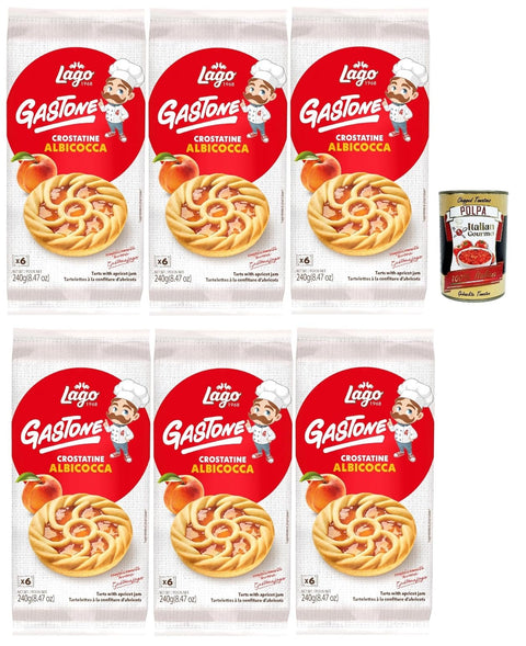 Italian Gourmet Snack Kuchen & Backwaren Lago 1968, Le Merende di Gastone Crostatine all'Albicocca, Aprikosentörtchen kuchen, einzeln verpackt, Aprikosenmarmelade, Kindersnack ohne Palmöl 6x 240g + Italian Gourmet polpa 400g 8032804040014