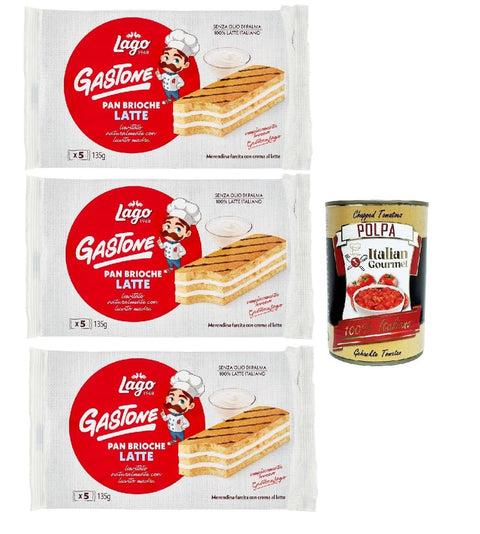Italian Gourmet Snack Kuchen & Backwaren Lago 1968, Le Merende di Gastone Pan Brioche al Latte 3x 135 g, Kuchen Snacks mit natürlichem Sauerteigmilchcreme, ohne Palmöl + Italian Gourmet polpa 400g 8032804040014