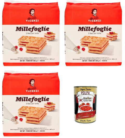 Italian Gourmet Snack Kuchen & Backwaren Matilde Vicenzi base per torta millefoglie 3 basi torta drei Basen für Kuchen Millefoglie kekse 3x 250g + Italian Gourmet polpa 400g 8032804040014