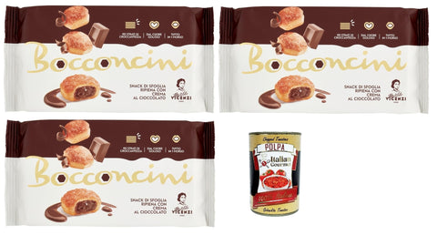 Italian Gourmet Snack Kuchen & Backwaren Matilde Vicenzi millefoglie Bocconcini al cioccolato, Blätterteigbacken, knusprige und zarte, süße Snack aus raffiniertem Gebäck, gefüllt mit Schokoladencreme 3x 100g + Italian gourmet polpa 400g 8032804040014