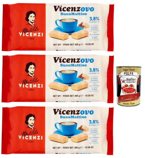 Italian Gourmet Snack Kuchen & Backwaren Matilde Vicenzi - Savoiardi Vicenzovo Buon Mattino, Traditionelle, einfache und leichte Kekse, hFrühstückskekse 3x 300 g + Italian Gourmet polpa 400g 8032804040014