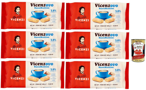 Italian Gourmet Snack Kuchen & Backwaren Matilde Vicenzi - Savoiardi Vicenzovo Buon Mattino, Traditionelle, einfache und leichte Kekse, hFrühstückskekse 6x 300 g + Italian Gourmet polpa 400g 8032804040014